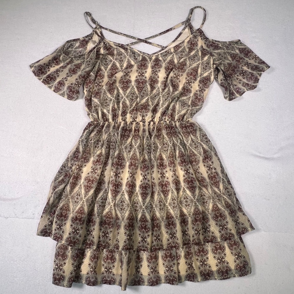 Hollister Cold Shoulder Mini Dress Womens Medium Cream Burgundy Excellent